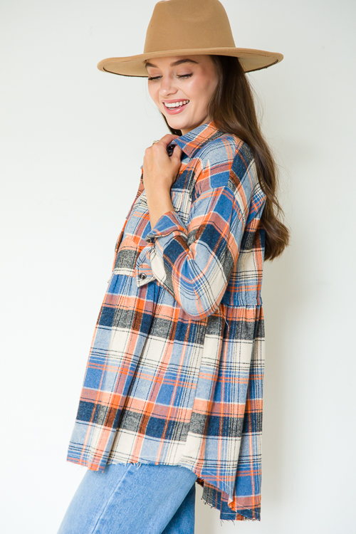 Plaid Babydoll Flannel, Orange/Denim