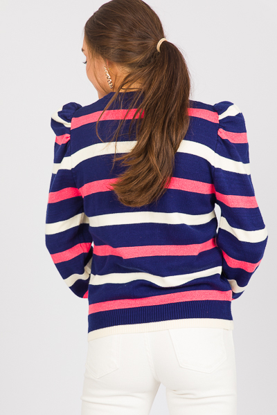Puff Sleeve Stripes Sweater, Navy