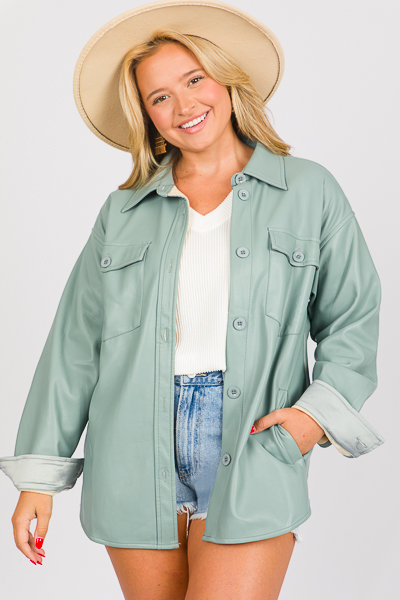 Soft Leather Shacket, Sage