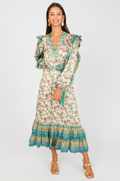 Border Print Satin Midi, Pink Green