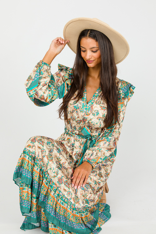 Border Print Satin Midi, Pink Green