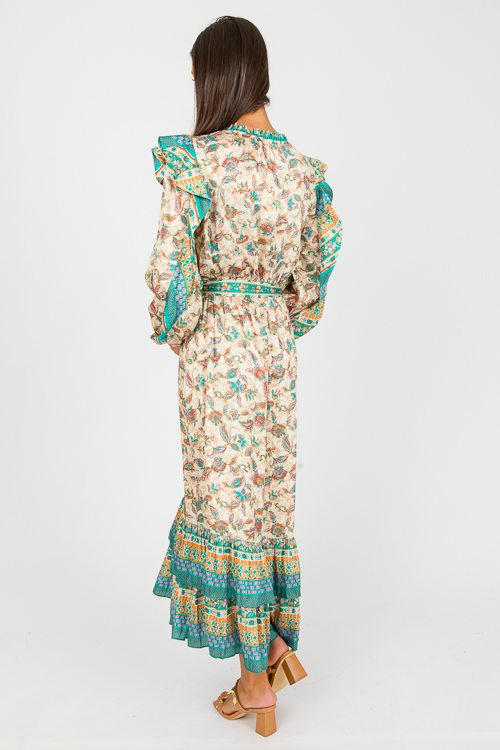 Border Print Satin Midi, Pink Green