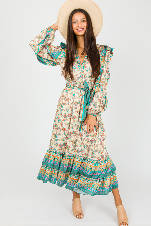 Border Print Satin Midi, Pink Green