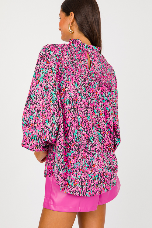 Smock Detail Blouse, Black/Pink