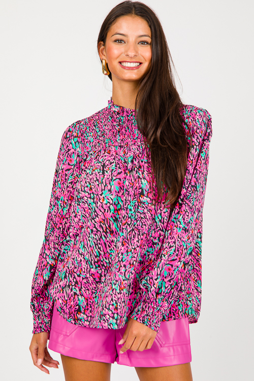 Smock Detail Blouse, Black/Pink