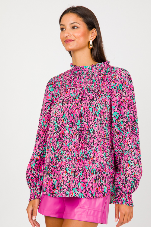 Smock Detail Blouse, Black/Pink