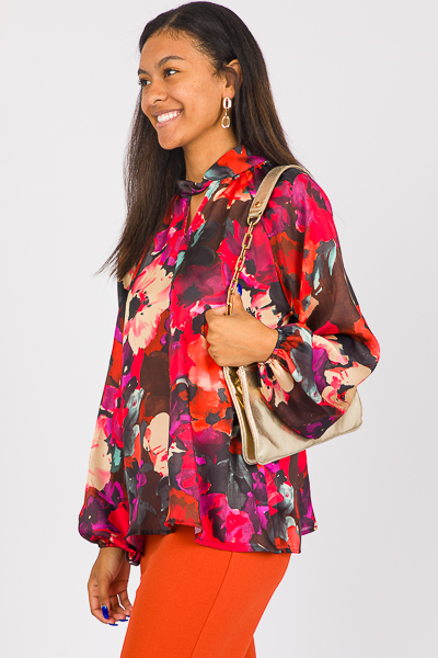 Twist Neck Floral Blouse, Red Multi