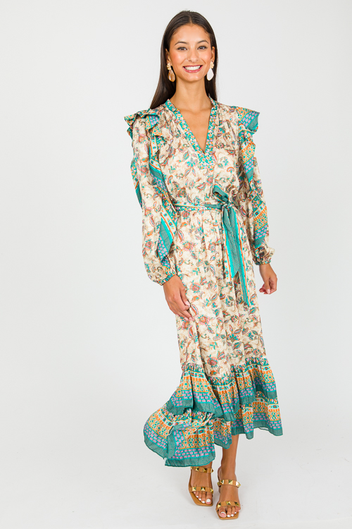 Border Print Satin Midi, Pink Green