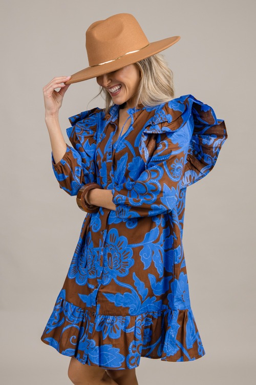 Ophelia Floral Dress, Brown Blue