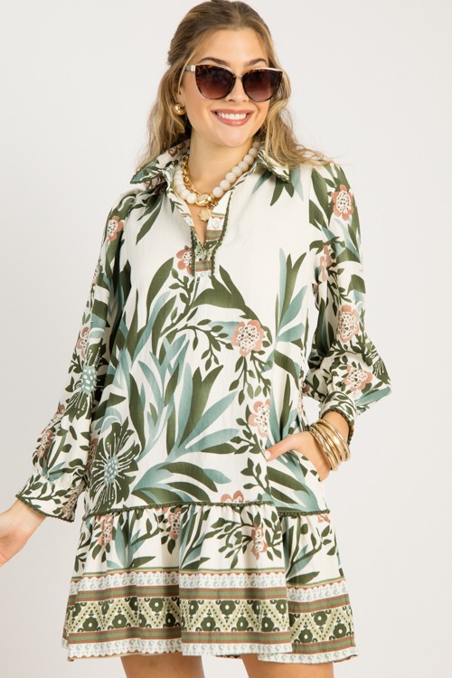 Floral Trim Detail Dress, Olive