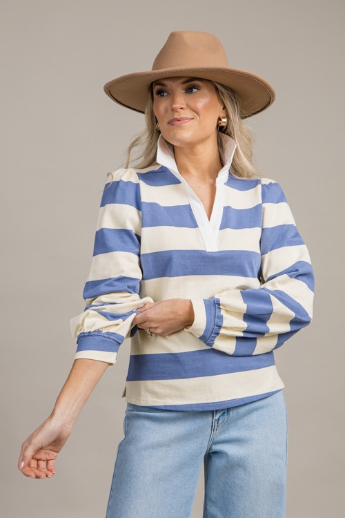 Striped Polo Top, Cream/Blue