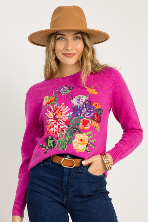 Floral Embroidery Sweater, Magenta