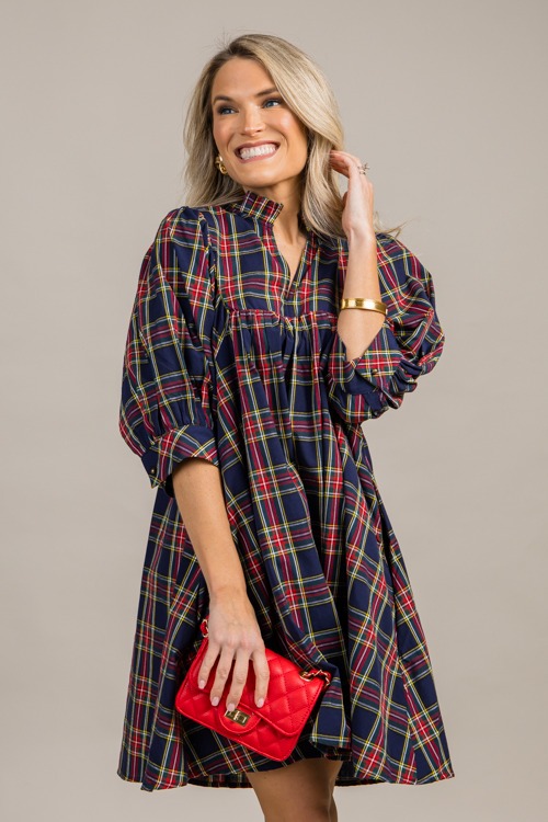 Tartan Babydoll Dress, Navy