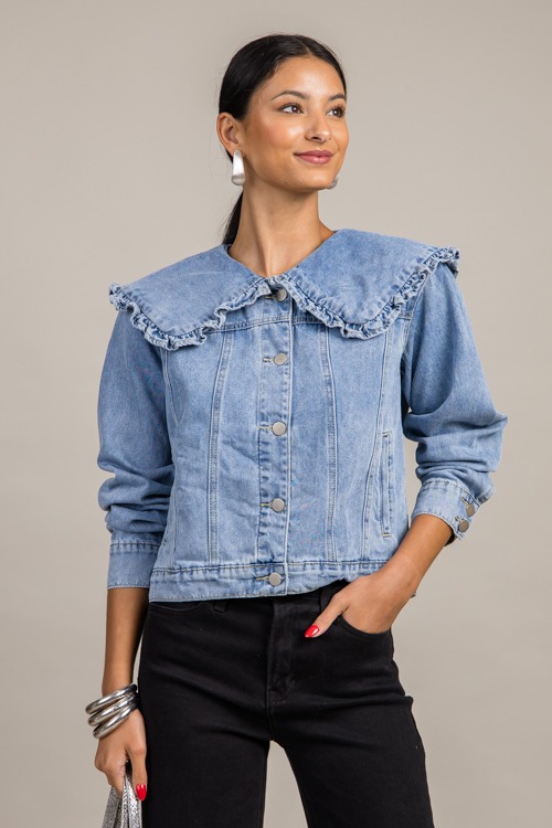 Ruffle Collar Denim Jacket New Arrivals The Blue Door Boutique