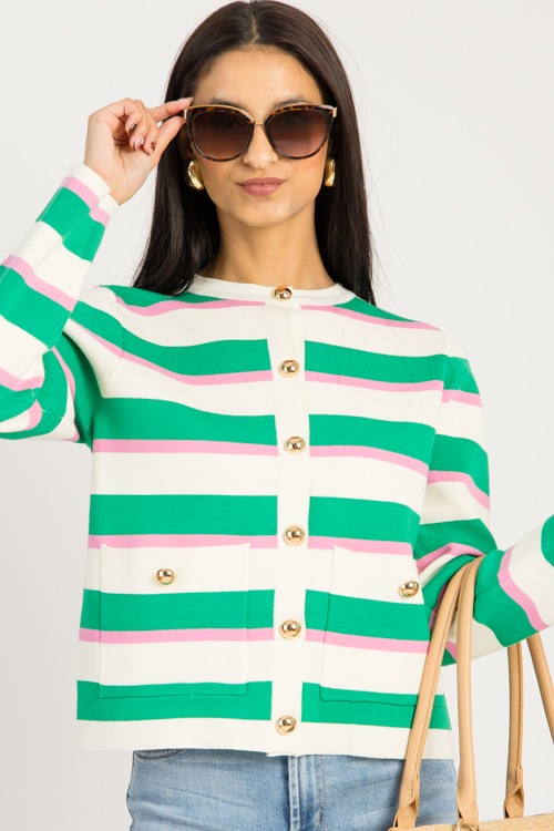 Stripe Button Cardigan, Green/Pink