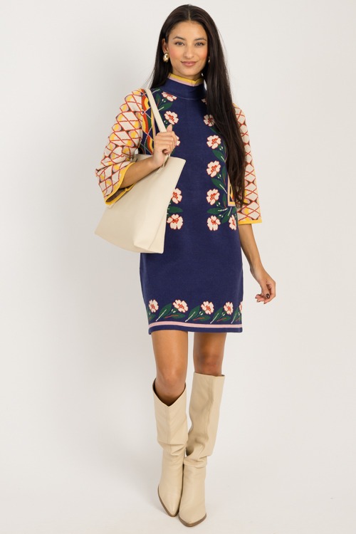 Floral Pattern Sweater Dress, Navy