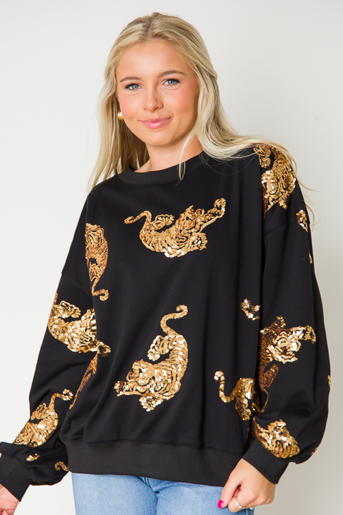 Sequin Tiger Sweatshirt, Black/Gold