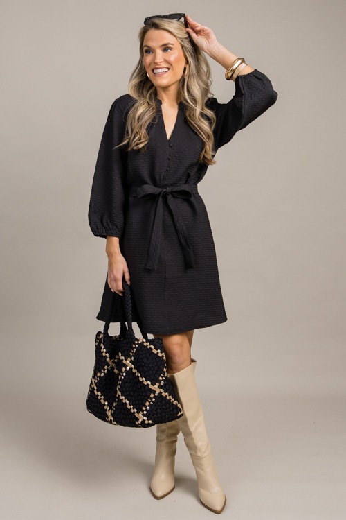 Tie Belt Texture Dress, Black