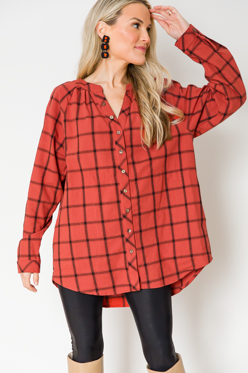 Plaid Button Up Tunic, Rust