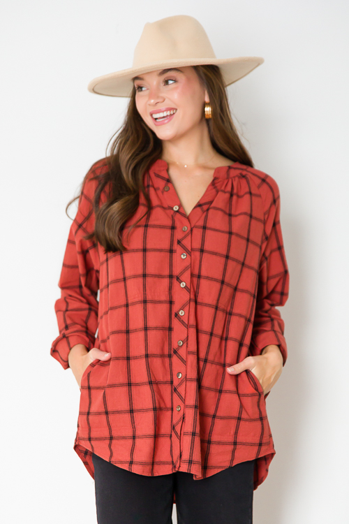 Plaid Button Up Tunic, Rust