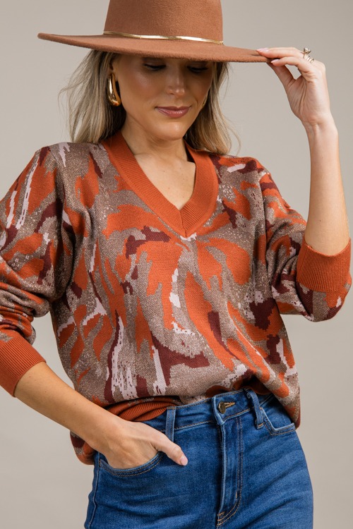 Metallic Print V Sweater, Rust