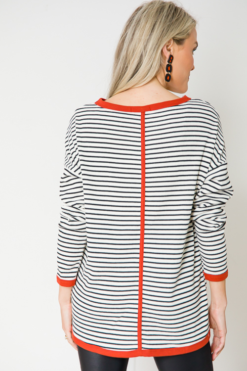 Rust Trim Stripe Top, Ivory/Black