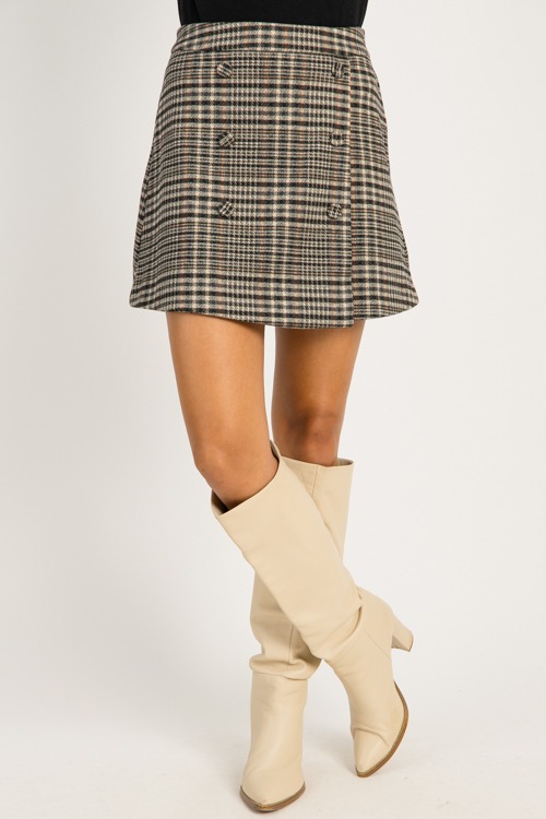 Plaid Button Skirt, Ivory/Black