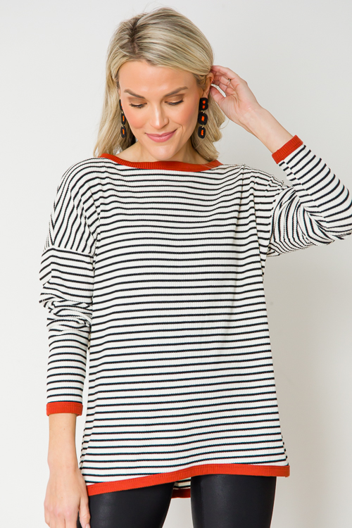 Rust Trim Stripe Top, Ivory/Black