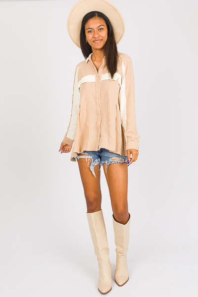 Thermal Contrast Gauze Shirt, Taupe