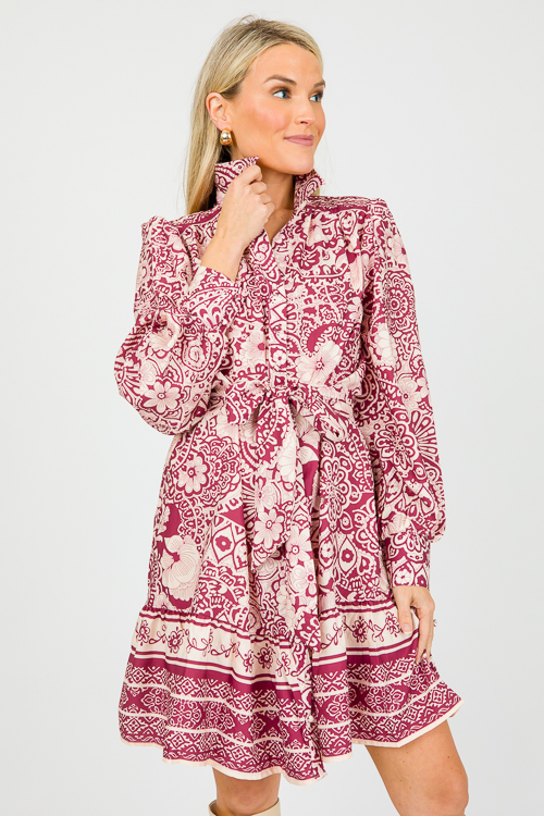 Belted Floral Mix Dress, Sangria