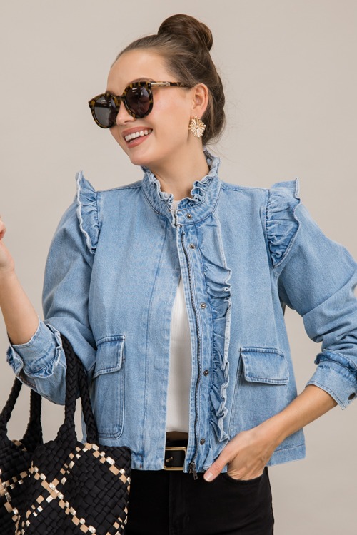 Ruffled Denim Zip Jacket