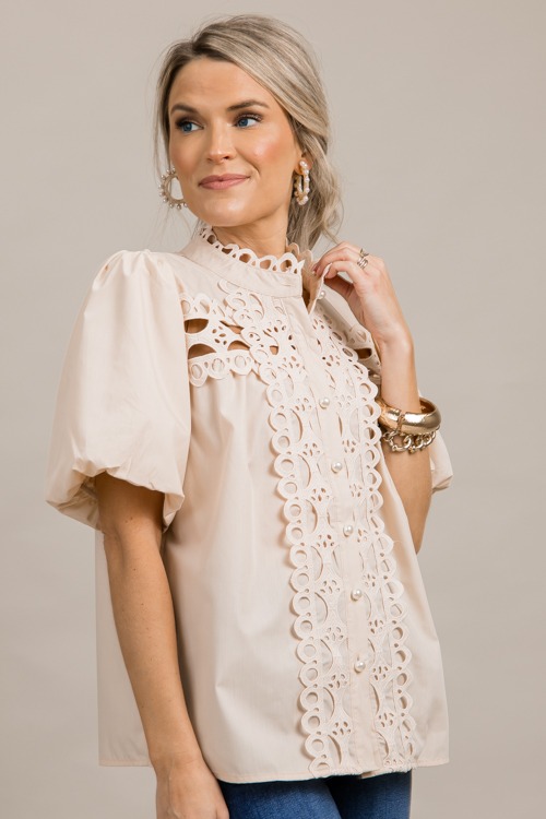 Pearl Button Lace Top, Ecru