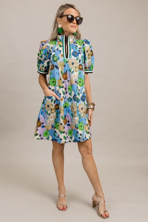 Stripe Accent Floral Dress, Blu - 0926-46.jpg