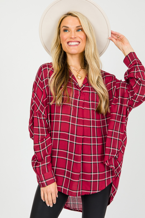 Plaid Pleat Center Top, Red