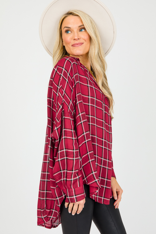 Plaid Pleat Center Top, Red