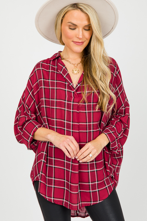 Plaid Pleat Center Top, Red