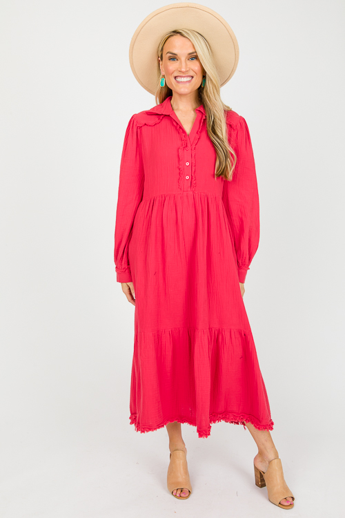 Fray Trim Gauze Midi, Red