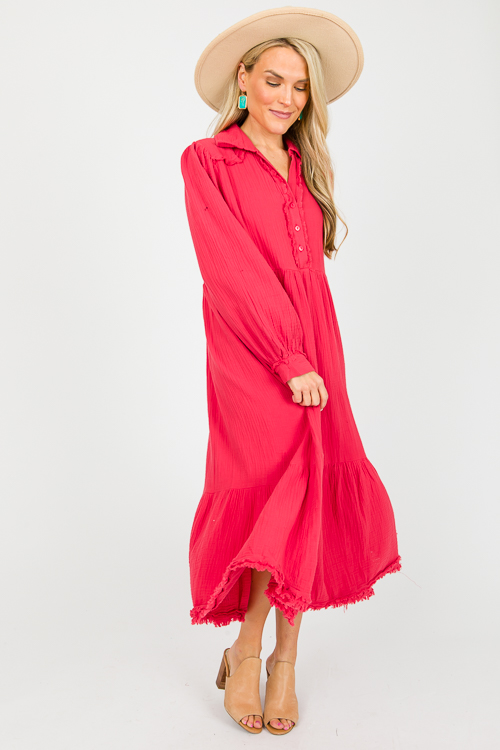 Fray Trim Gauze Midi, Red