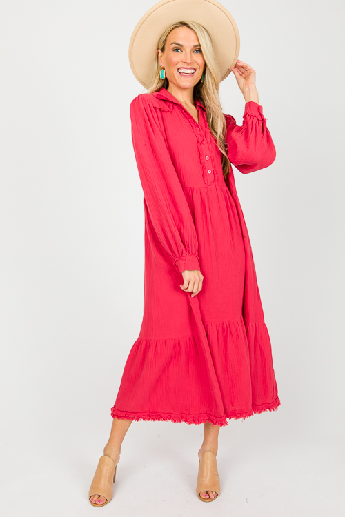 Fray Trim Gauze Midi, Red