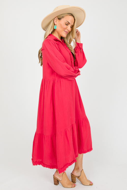 Fray Trim Gauze Midi, Red