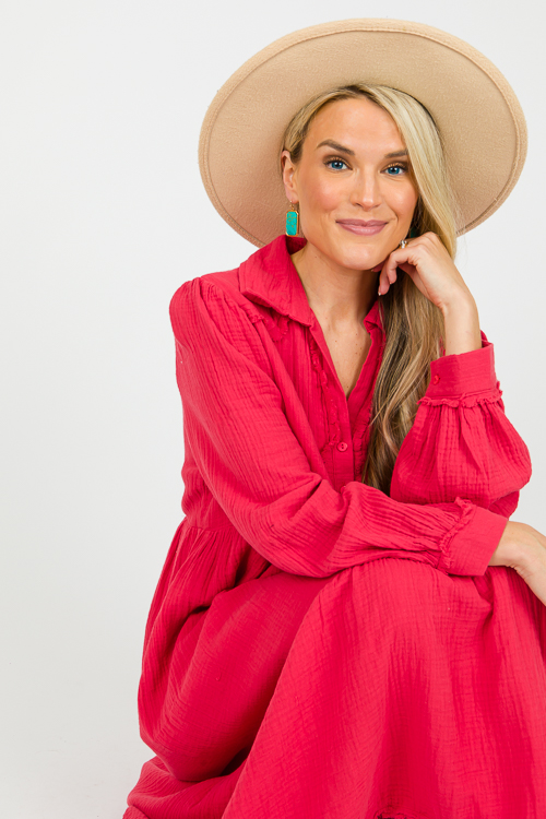 Fray Trim Gauze Midi, Red