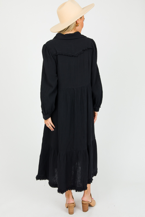 Fray Trim Gauze Midi, Black - New Arrivals - The Blue Door Boutique