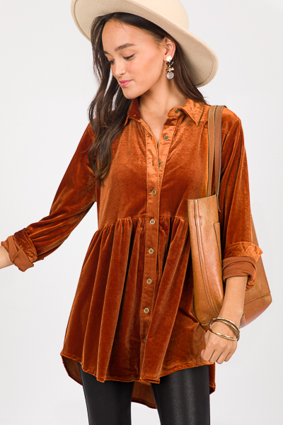 Babydoll Velvet Button Up, Burnt Orange