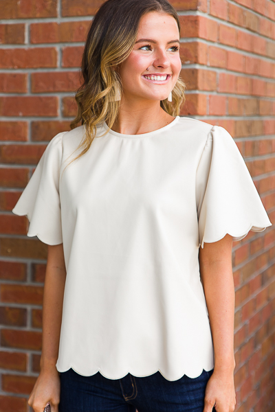 Scallop Trim Leather Top, Cream