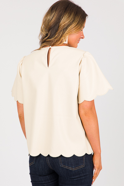 Scallop Trim Leather Top, Cream