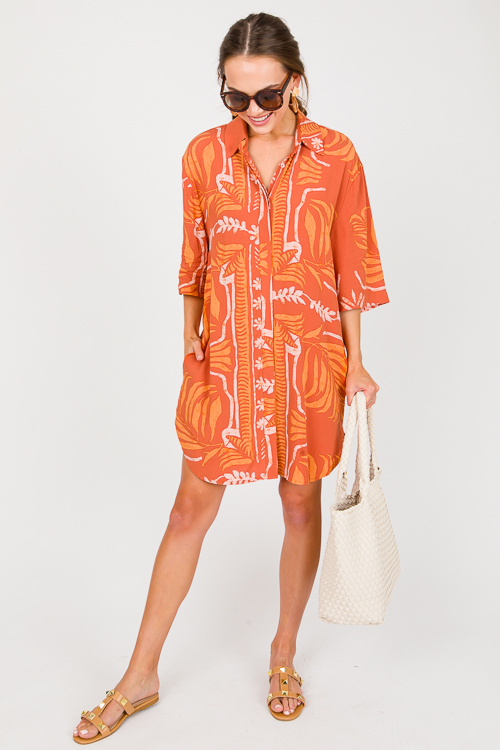 Leaf Print Shirt Dress, Brown