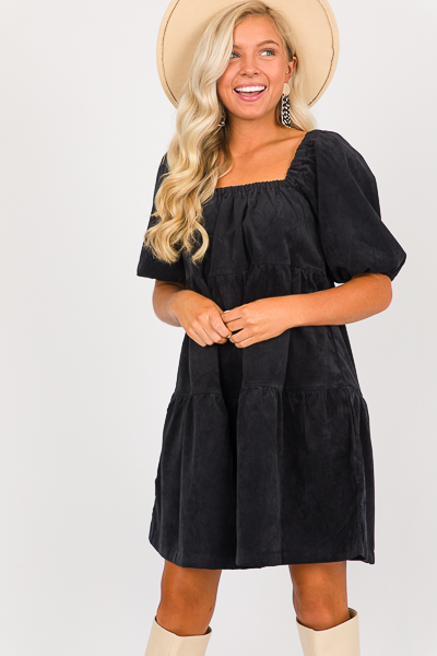 Tiered Suede Dress, Black
