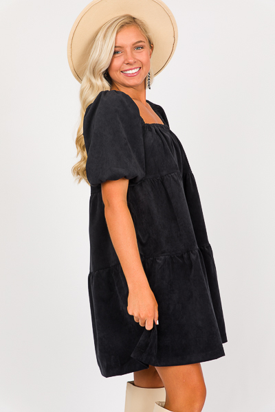 Tiered Suede Dress, Black