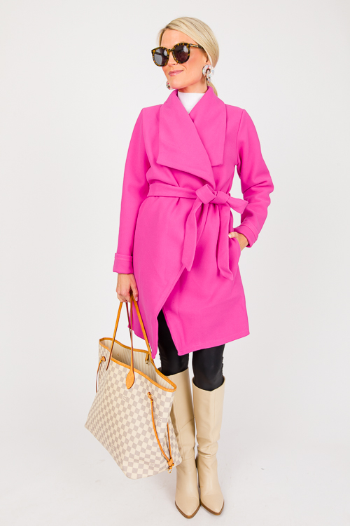 Drape Front Belted Coat, Pink