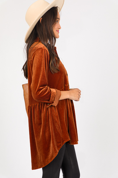 Babydoll Velvet Button Up, Burnt Orange